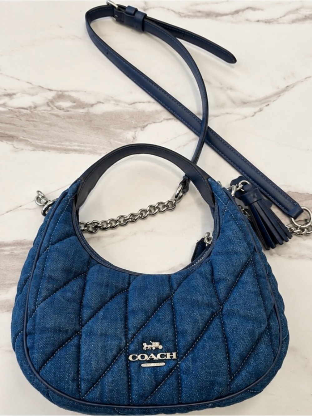 Coach Quilted Denim Shoulder Bag in Blue with Silver Hardware